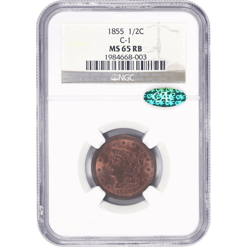 1855 Braided Hair Half Cent C-1 NGC  MS 65 RB CAC - Nice Example