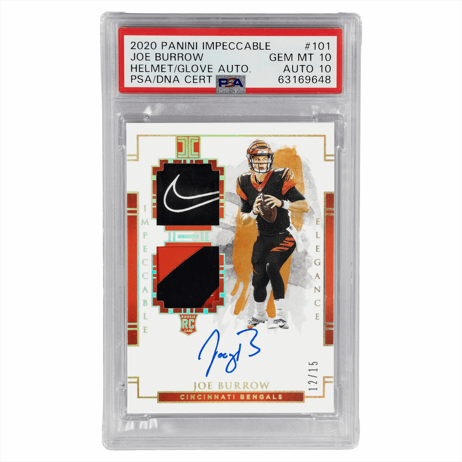 2020 PANINI IMPECCABLE JOE BURROW HELMET/GLOVE AUTO PSA/DNA CERT #101 GEM MT 10 AUTO 10 