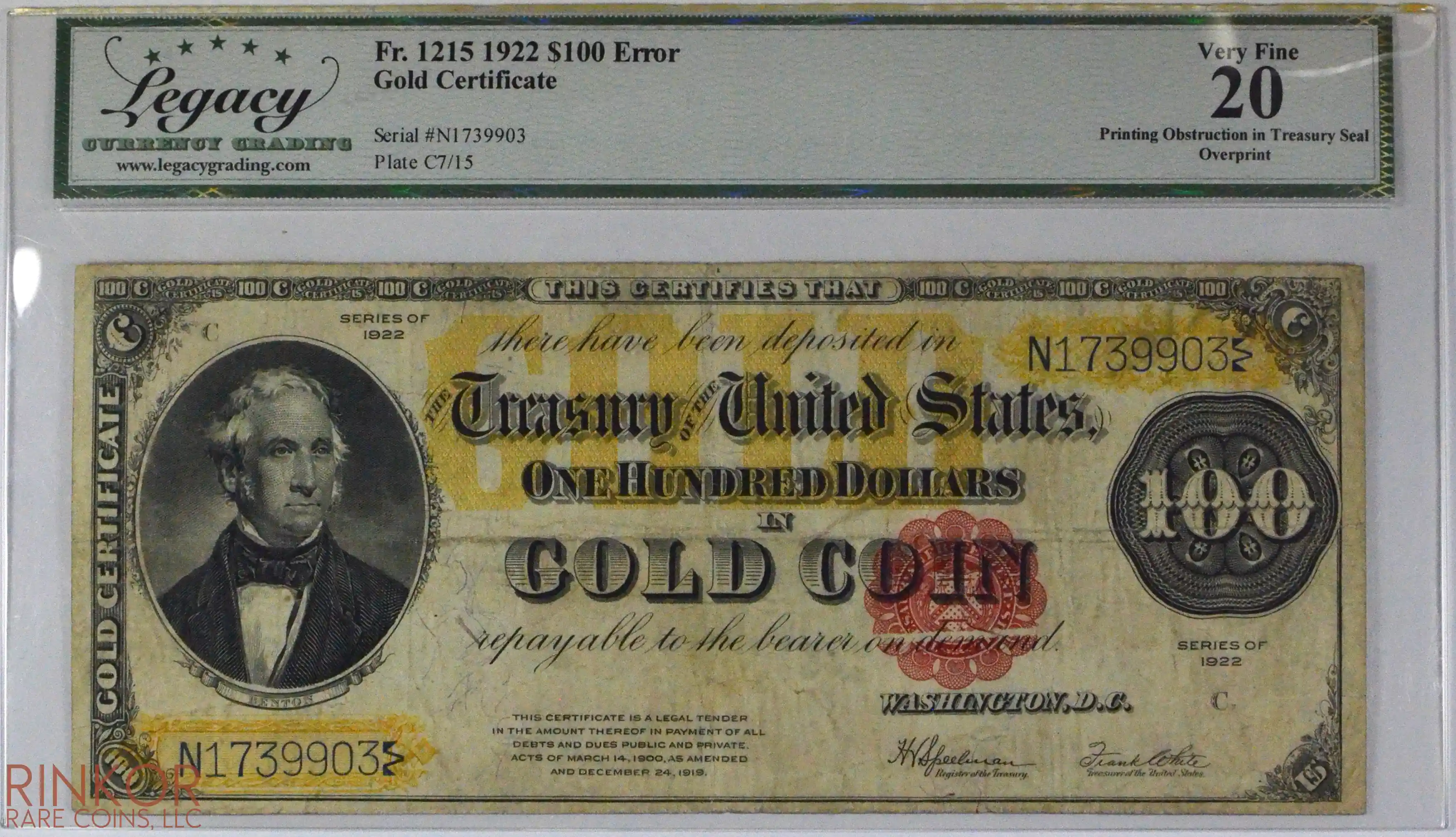 1922 $100 Fr. 1215 Printing Obstruction Gold Certificate LCG VF-20