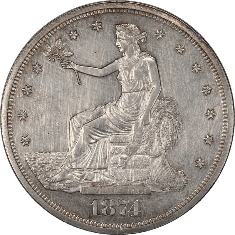 1874 US Silver Trade Dollar AU PROOF T1 Obv  T1 Rev 