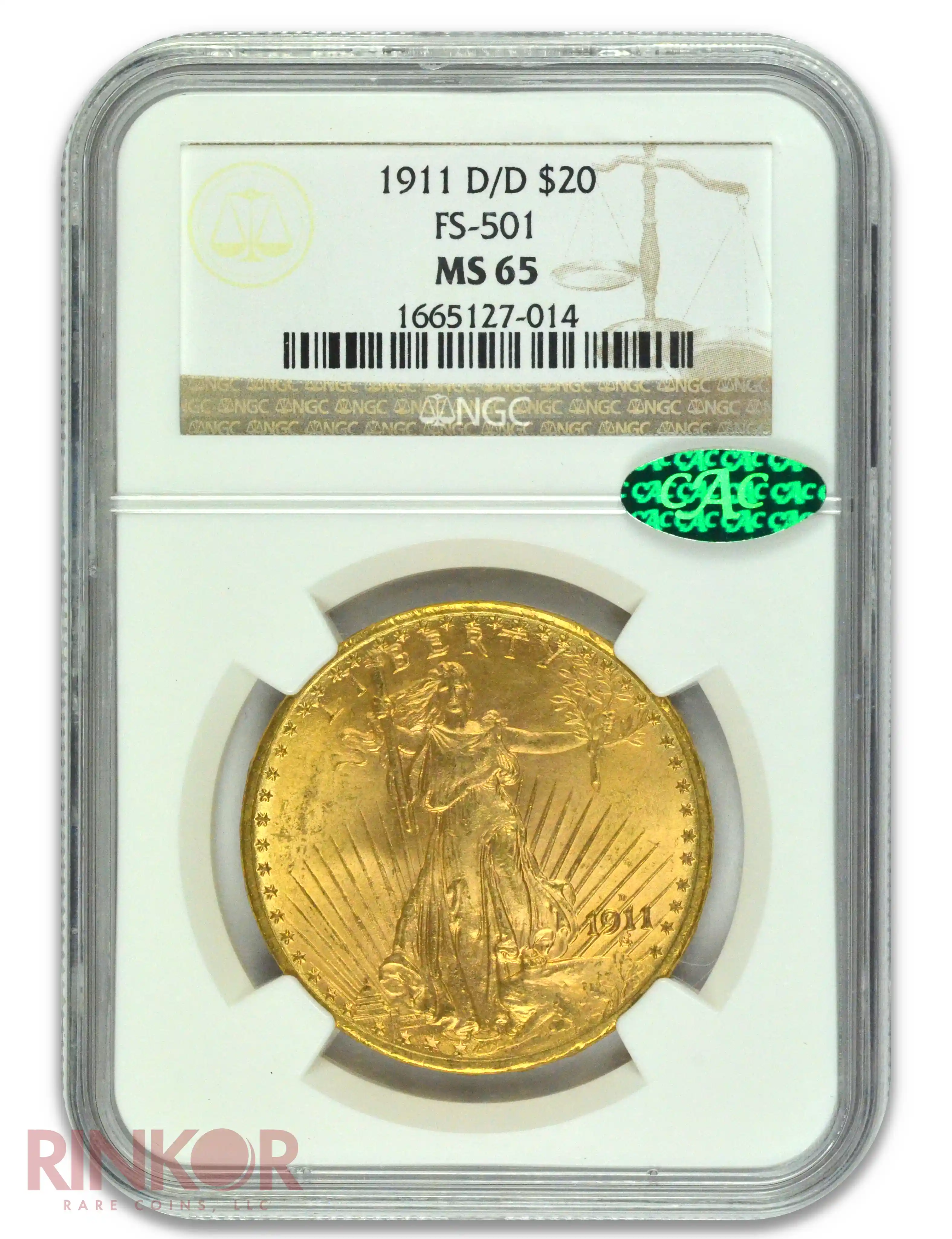 1911-D/D FS-501 $20 Saint Gaudens NGC MS 65 CAC