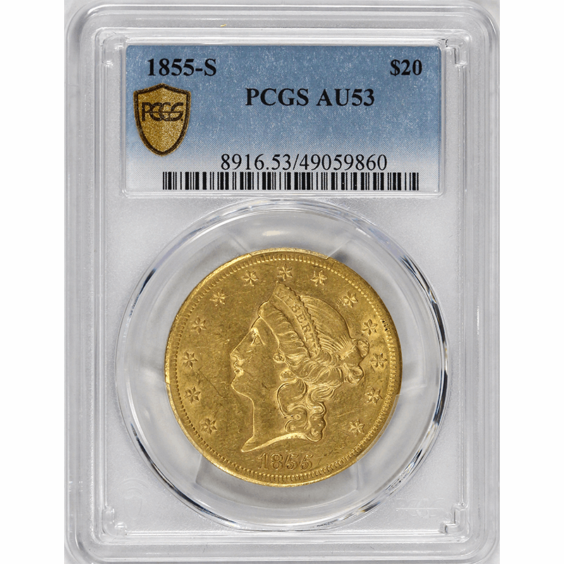 1855-S $20 Liberty Head Gold Double Eagle PCGS AU53 - Excellent Strike / Luster