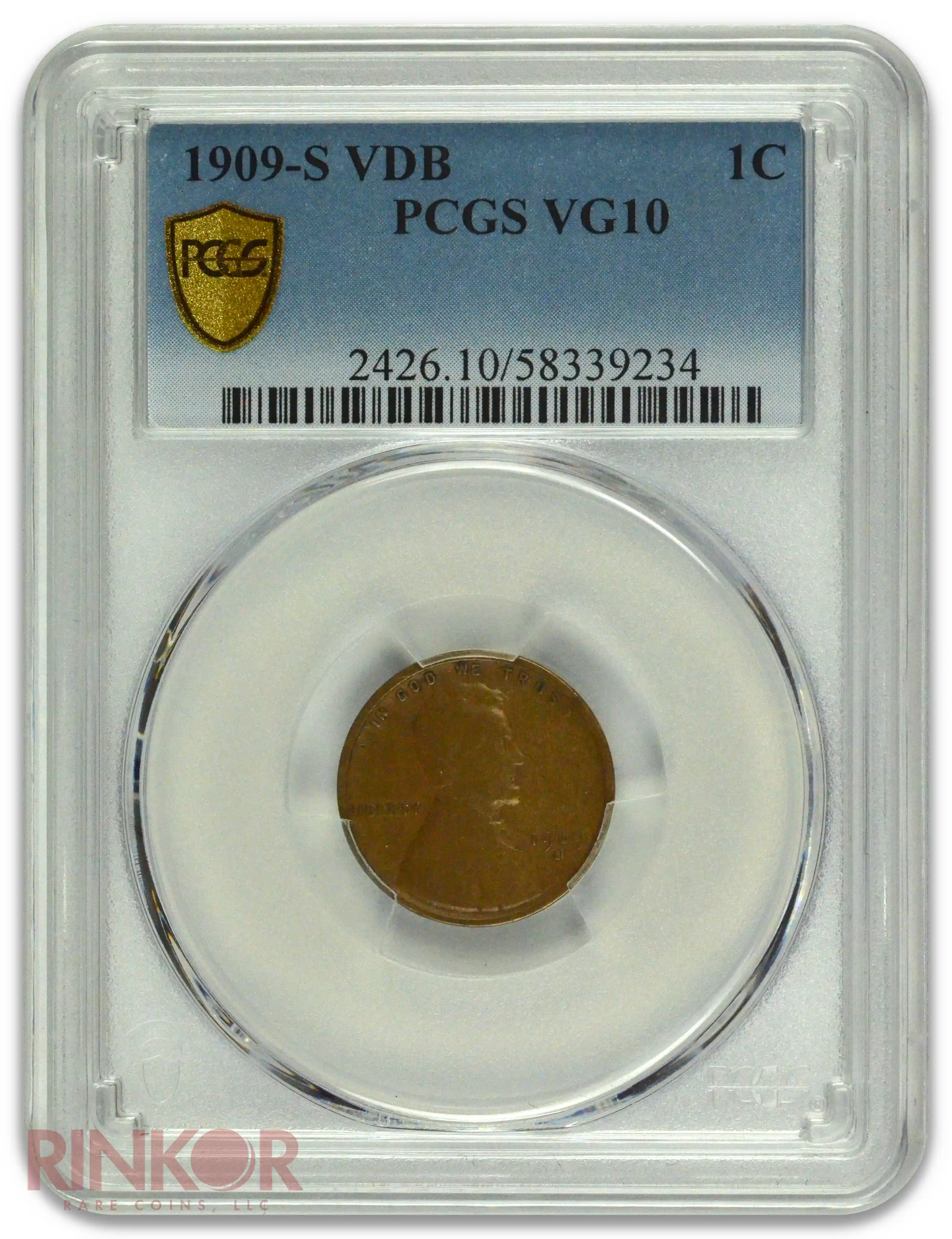 1909-S VDB 1C Lincoln Wheat Cent PCGS VG-10
