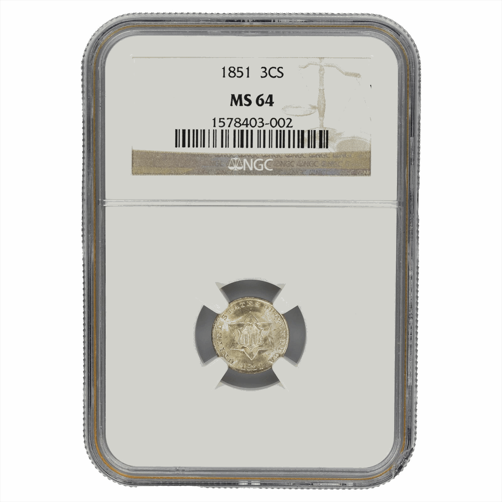1851 Type 1 Three Cent 3CS NGC MS 64