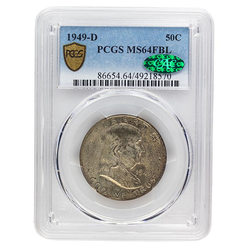 1949-D Full Bell Lines Franklin Half Dollar, 50C PCGS  MS 64 FBL, CAC Certified