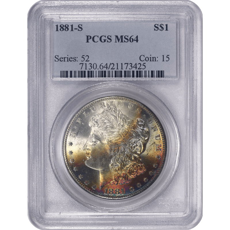 1881-S $1 Morgan Silver Dollar - MONSTER RAINBOW TONED - PCGS MS64