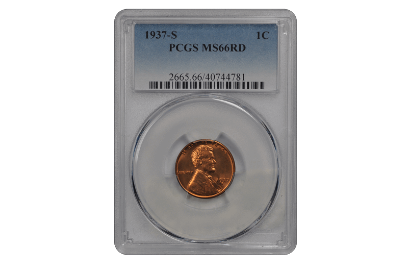1937-S 1C Lincoln Cent - Type 1 Wheat Reverse PCGS RD #3457-19 MS66