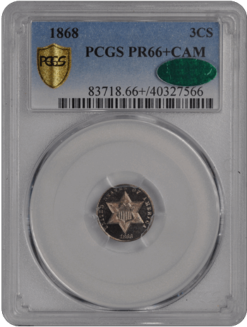 1868 3CS Three Cent Silver PCGS CAM (CAC) #3242-4 PR66+