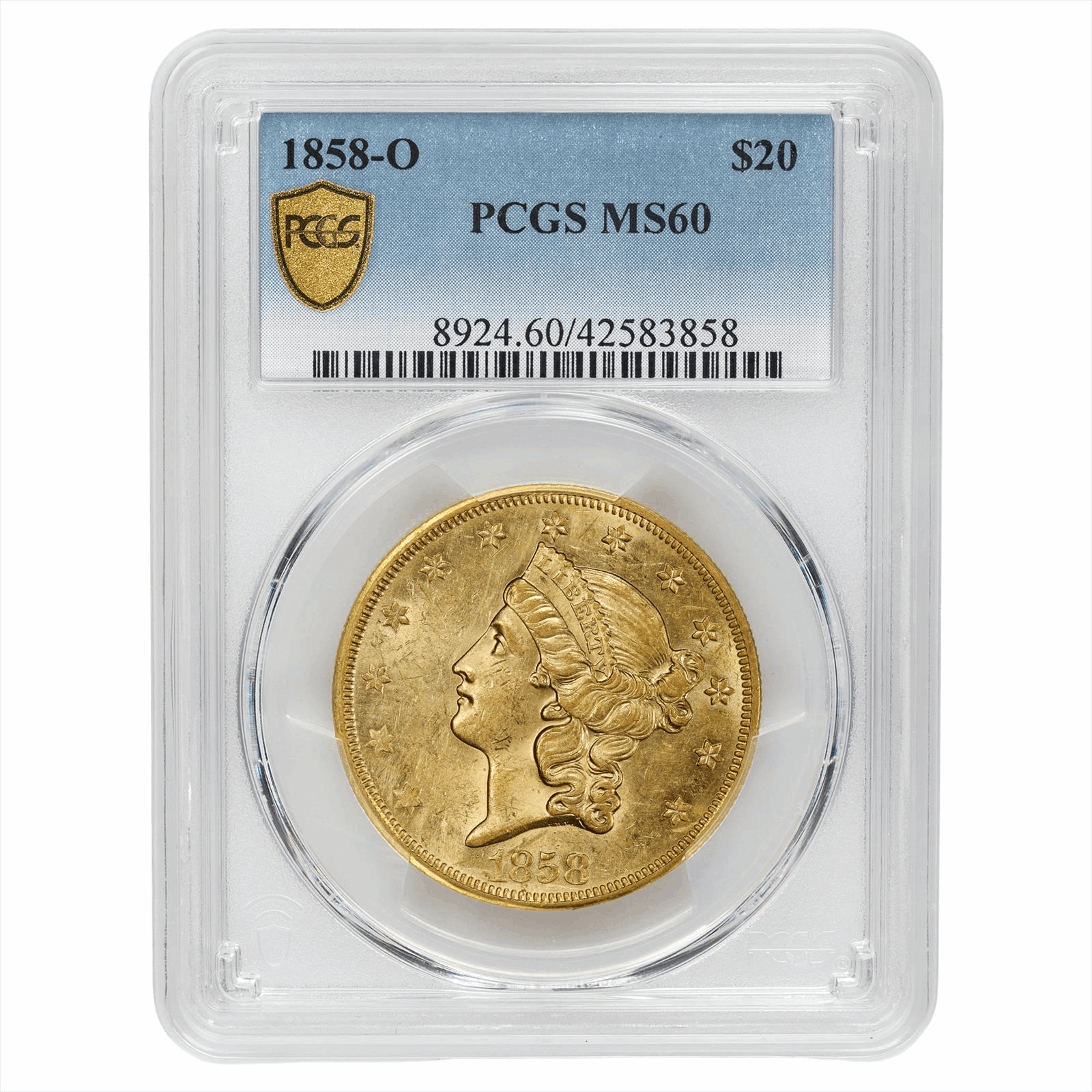1858-O Liberty Head Double Eagle $20, PCGS MS 60 - Rarely Seen in Mint State