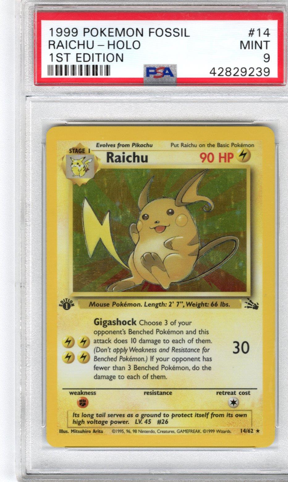 1999 Pokemon Fossil Raichu Holo 1st Edition PSA MINT 9 