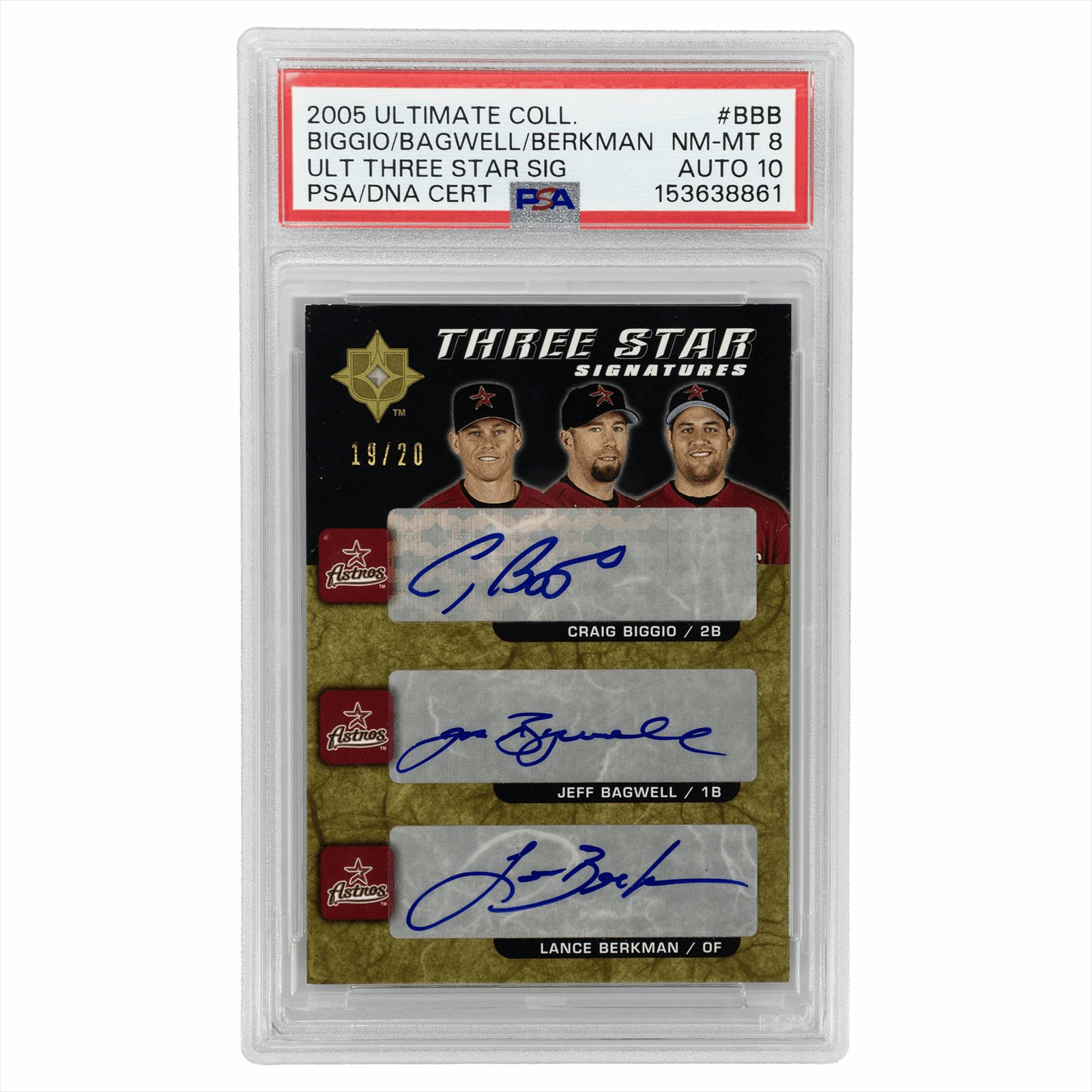 2005 UD Ultimate Collection Biggio/Bagwell/Berkman Ult Three Star SIG #BBB PSA/DNA NM-MT 8 AUTO 10