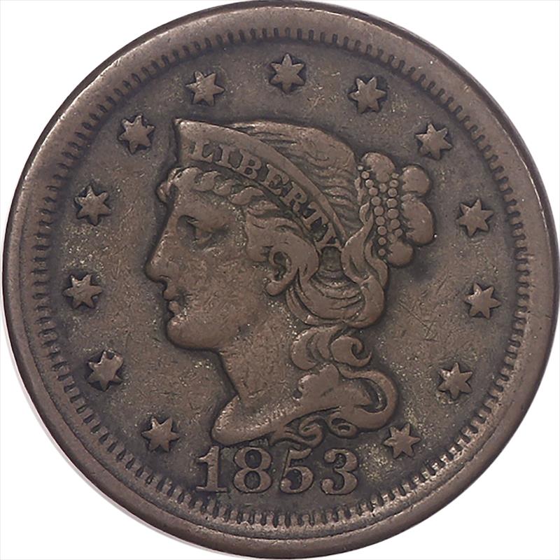 1853 Braided Hair Large Cent 1c, Circulated Very Fine - Crusty Original