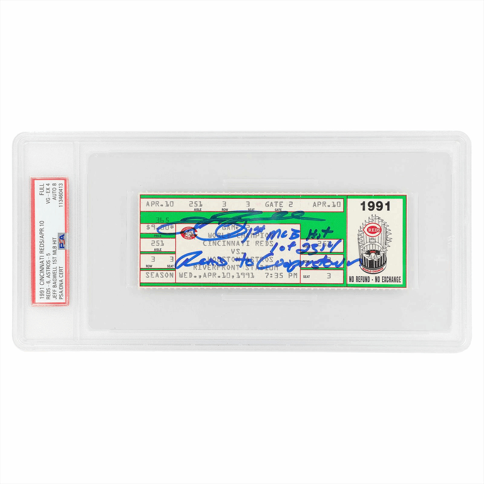 1991 Cincinati Reds/April 10 Reds - 6 Astros - 5 Bagwell 1st Hit PSA VG-EX4 AUTO 8