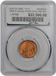 1929-S Lincoln PCGS (CAC) RD 66+ 