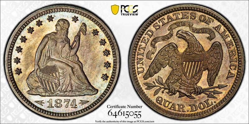 1874 Arrows 25C PCGS PR 65