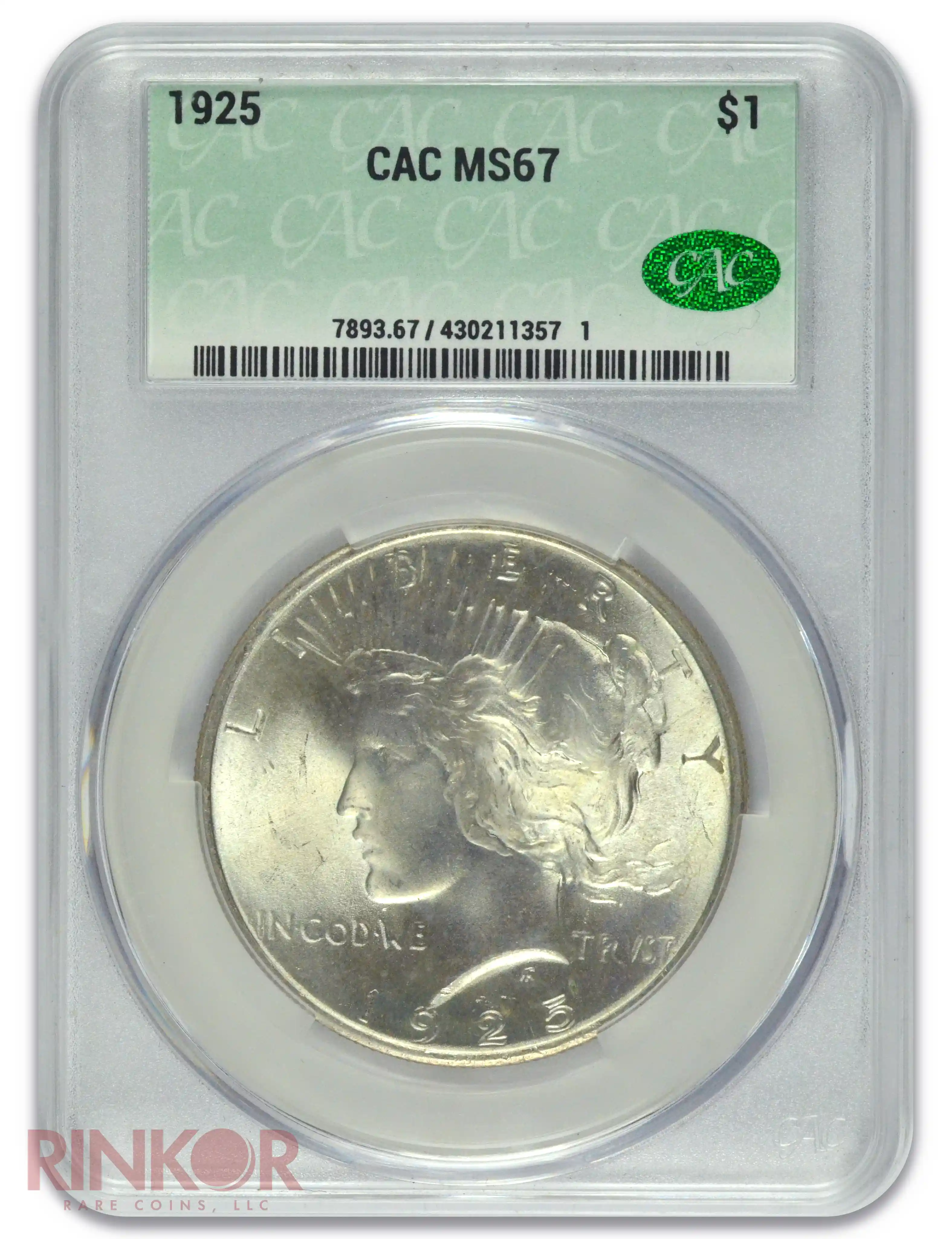 1925 $1 Peace Dollar CACG MS 67