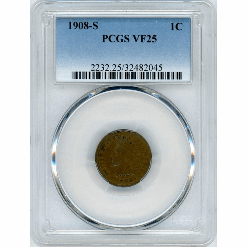 1908-S 1c Indian Head Cent - PCGS VF25 - Semi Key Date