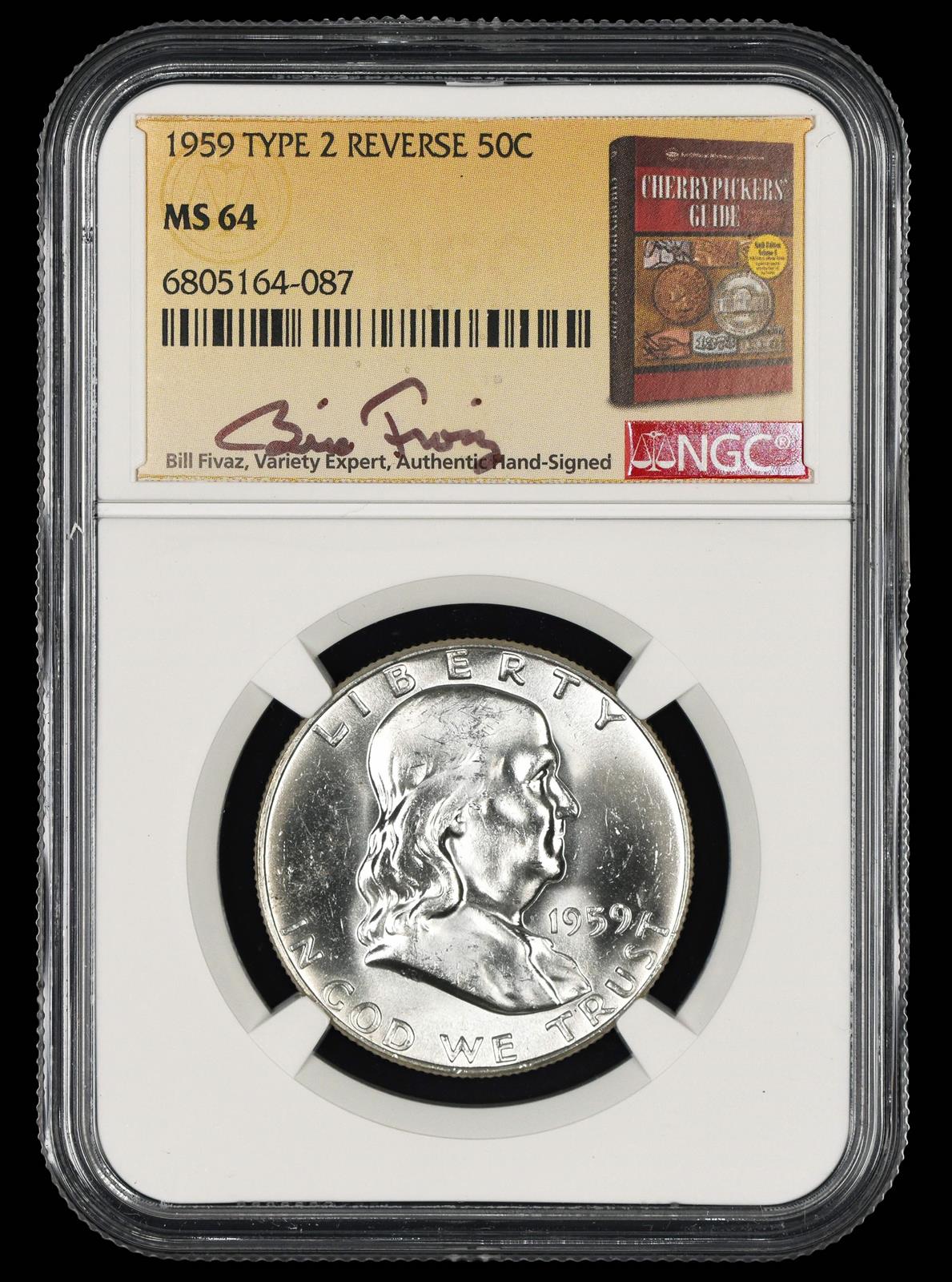 1959 P T2 Reverse Franklin Half Dollar Bill Fivaz Signature Label NGC  MS 64