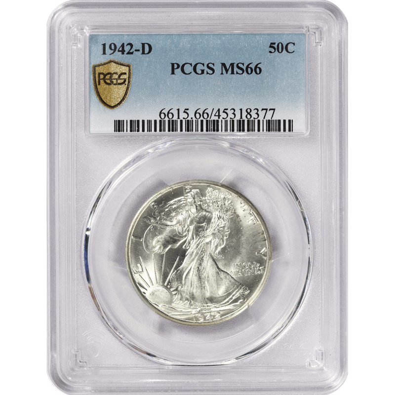 1942-D Walking Liberty Half Dollar 50c, PCGS MS 66 - Nice White Coin