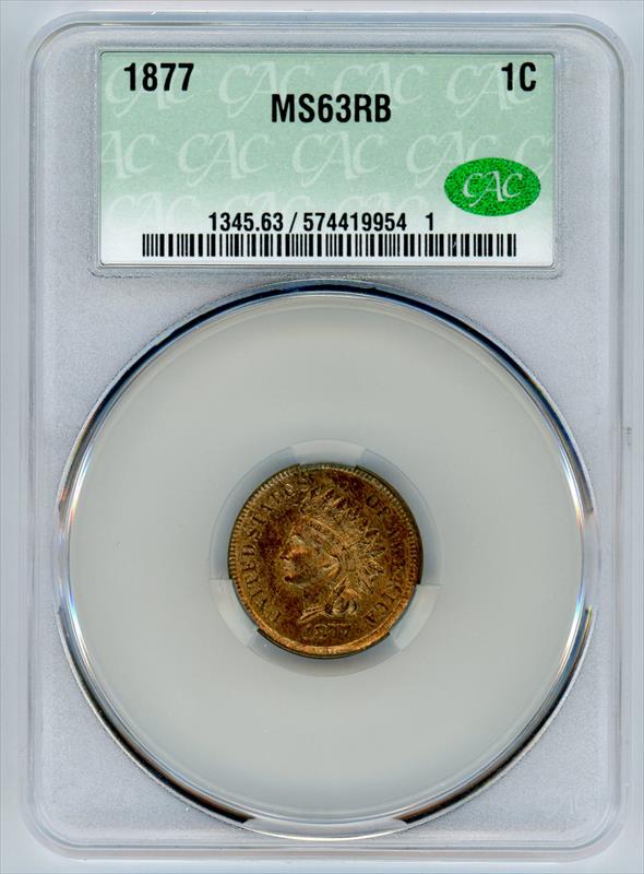 1877 Indian Head Cent 1c,  CAC MS-63RB - Key Date