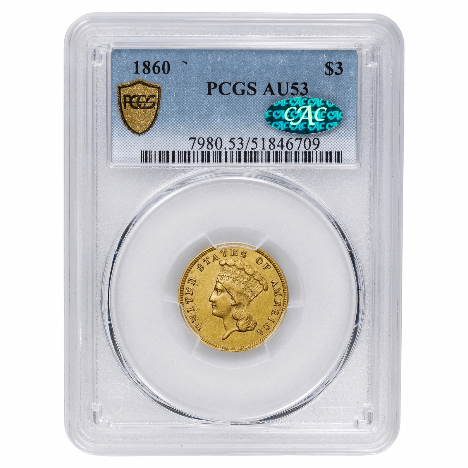 1860 Indian Princess Head Three Dollar Gold $3 PCGS AU 53 CAC