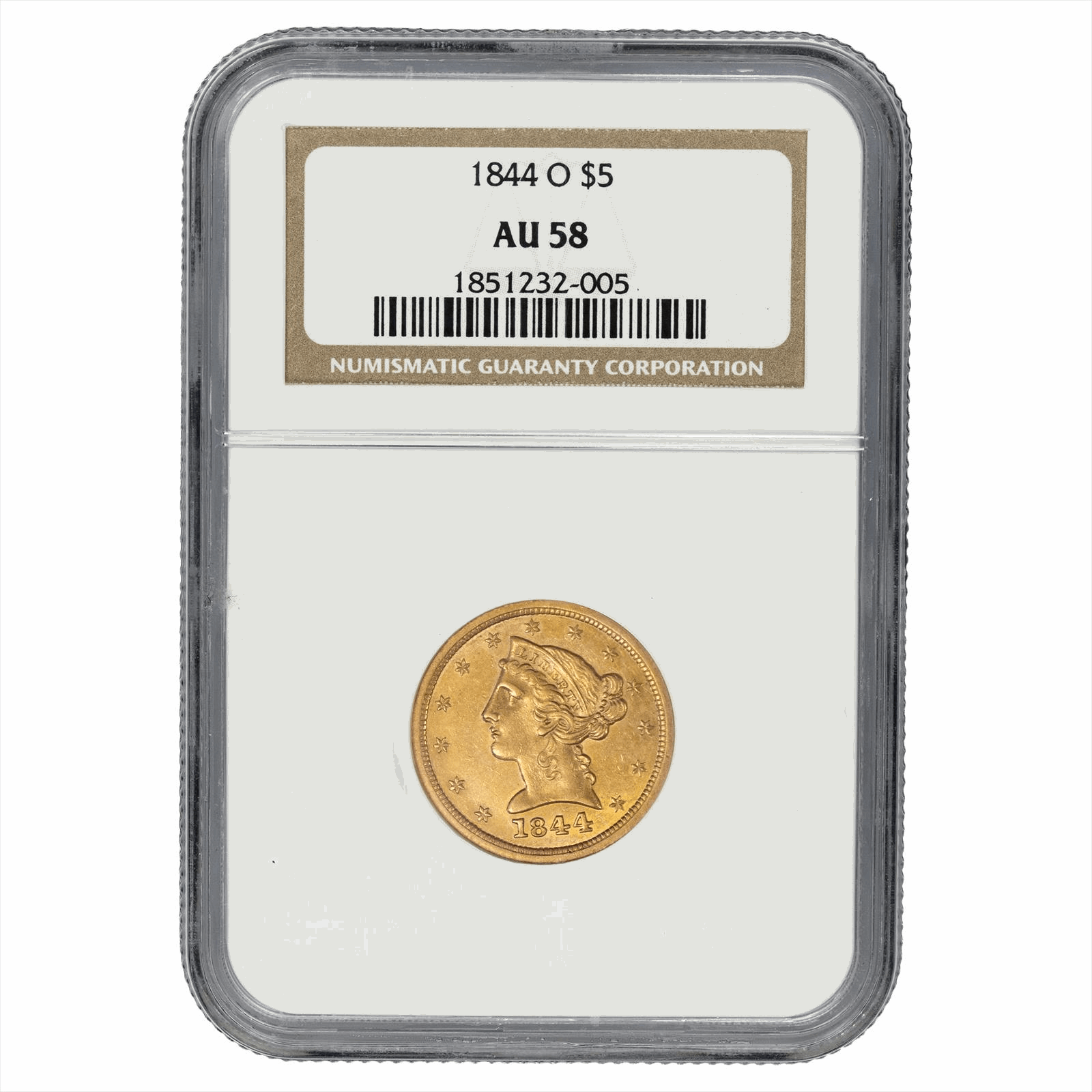 1844-O Liberty Head Gold Half Eagle $5 NGC AU 58