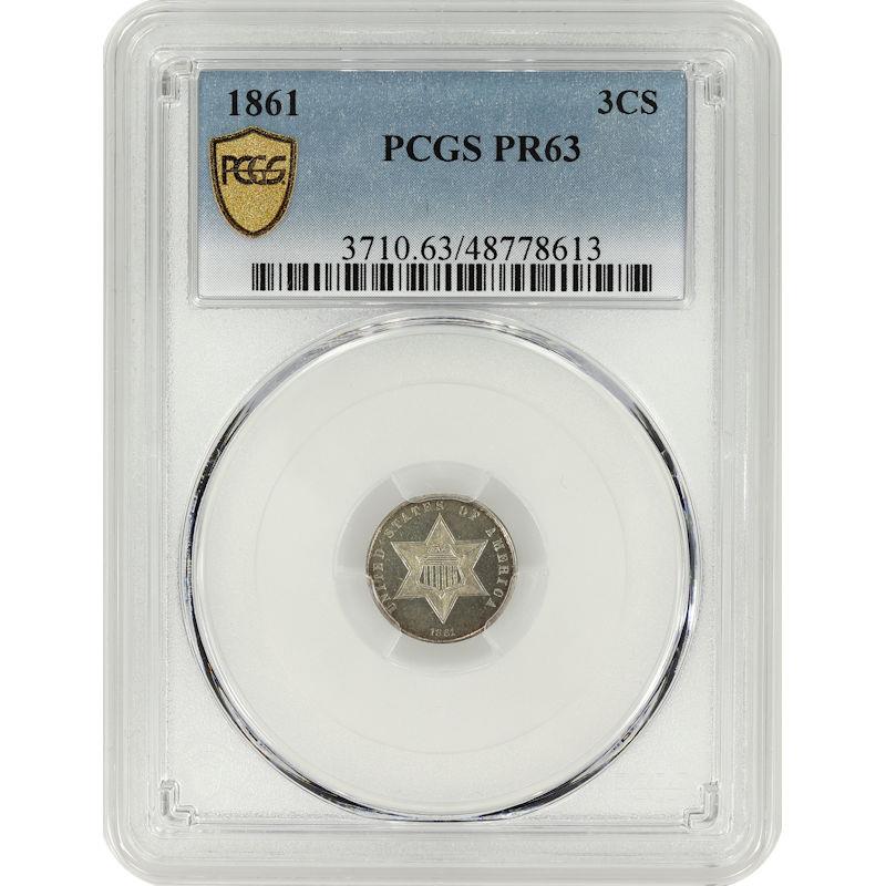 1861 Three Cent 3CS PCGS PR63 Gold Shield Certified