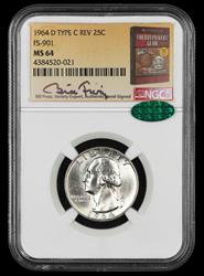 1964 D Washington Quarter Type C Reverse FS-901 NGC MS64 CAC Bill Fivaz Signature Label MS64