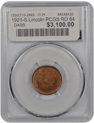 1921-S Lincoln PCGS RD 64