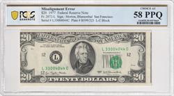 Fr. 2072-L 1977 $20 Misalignment Error Federal Reserve Note San Francisco PCGS AU58 PPQ 