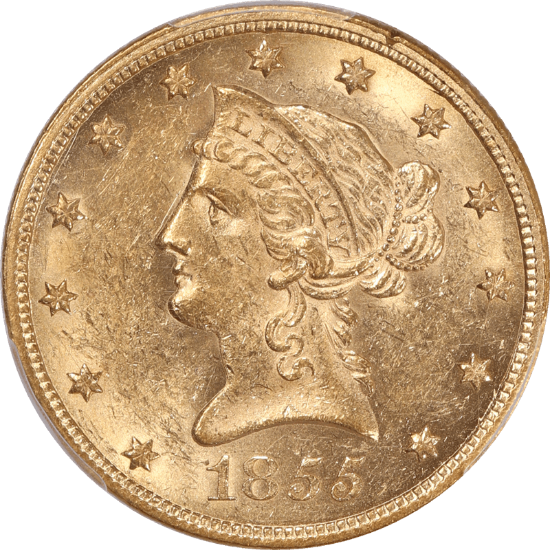 1855 Liberty Head $10 Gold Piece, PCGS AU-58 CAC