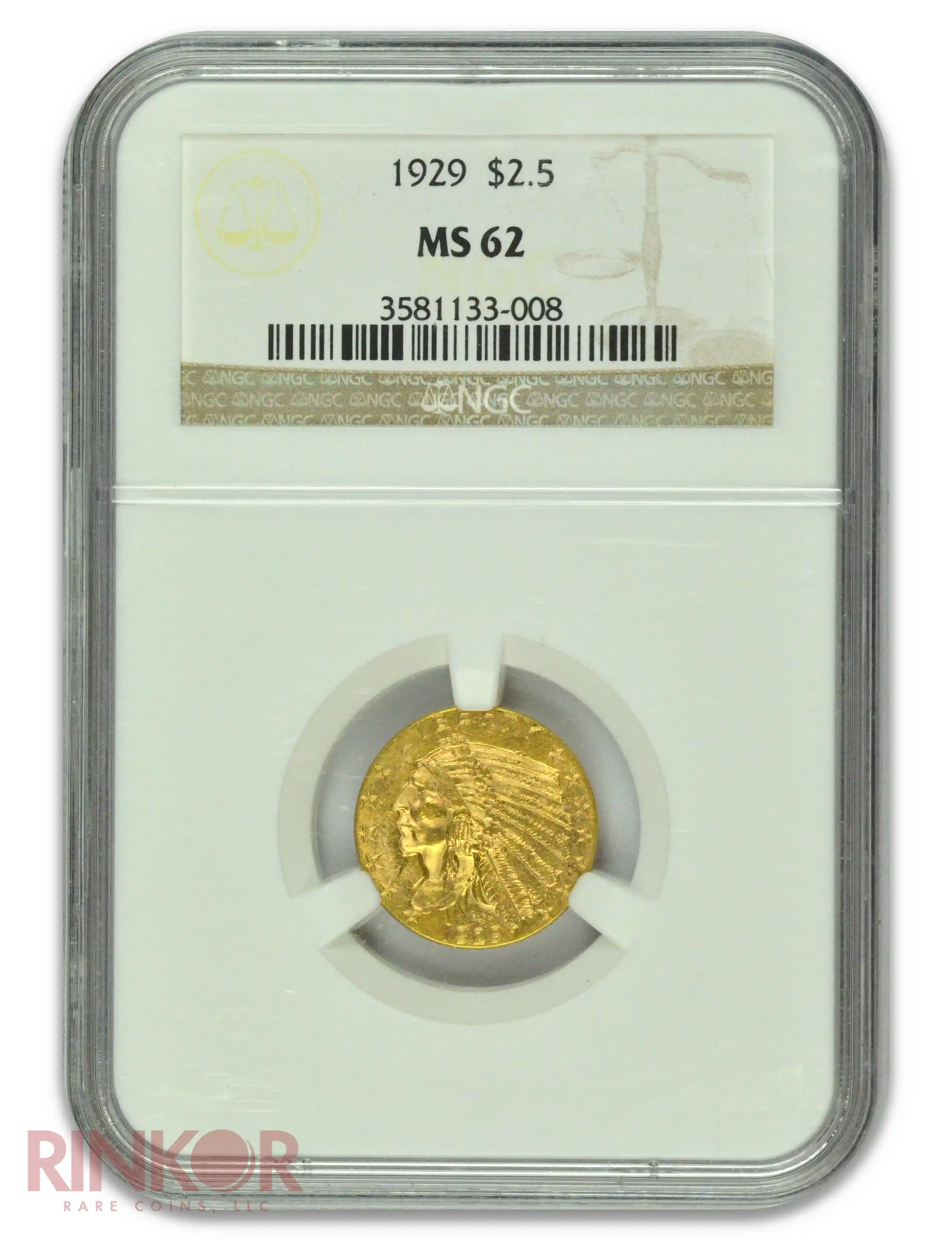 1929 $2.5 Indian Head NGC MS 62