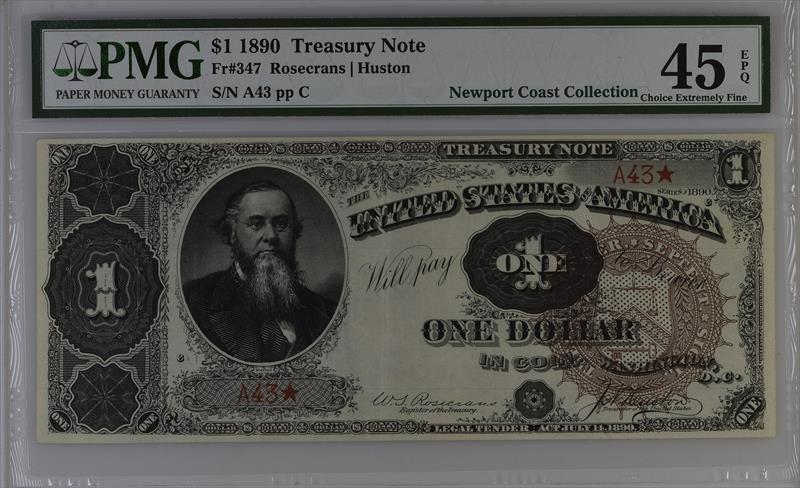 Fr. 347 1890 $1 Treasury Note PMG EF 45 EPQ Serial 43 