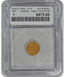 1857 	Gold $1 - Type 1 ICG AU 50
