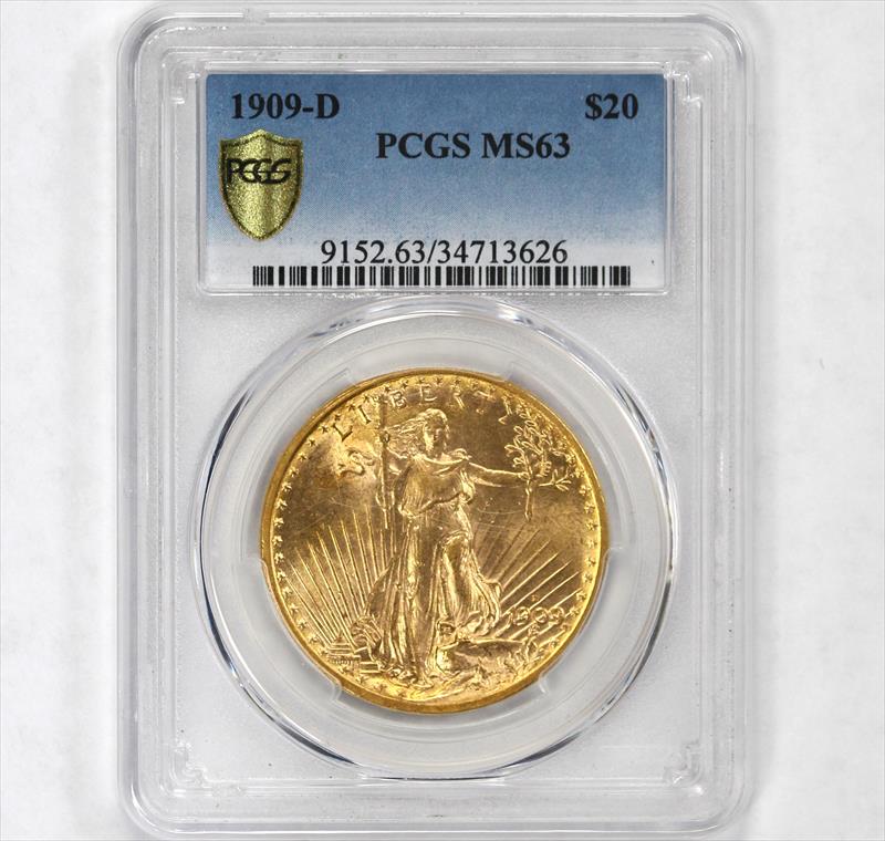 1909-D $20 St. Gaudens Gold Double Eagle PCGS MS63 - High Grade / Better Date