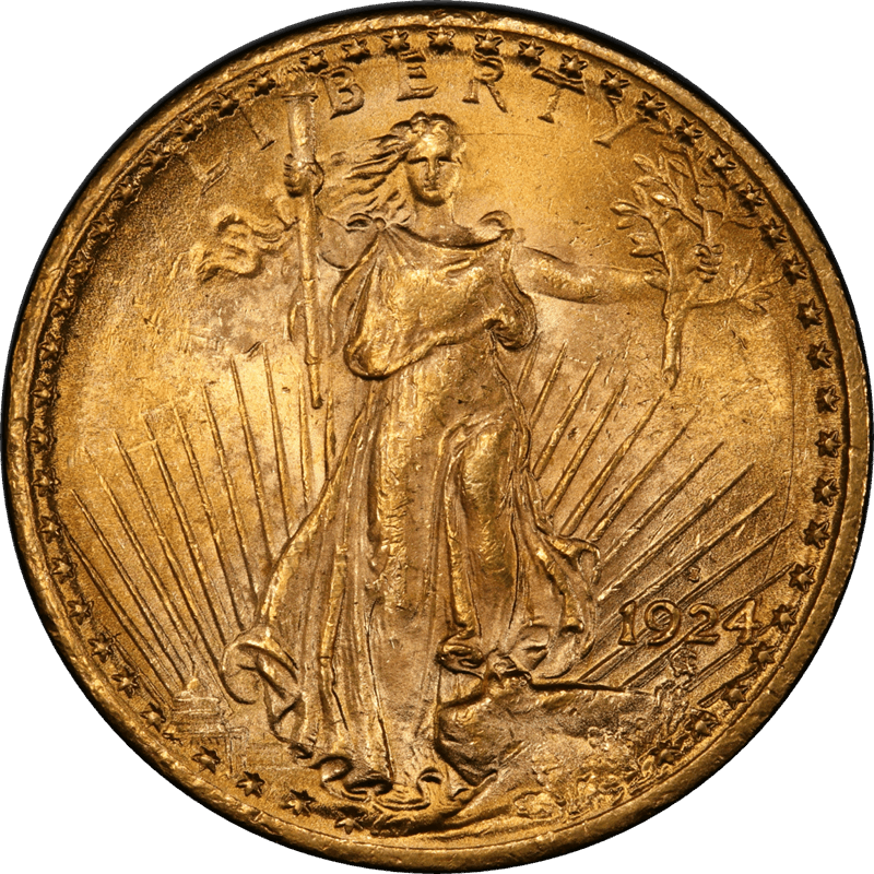 1924-S St. Gaudens $20 Gold Double Eagle $20,  PCGS MS63+ CAC, Rare in Mint State