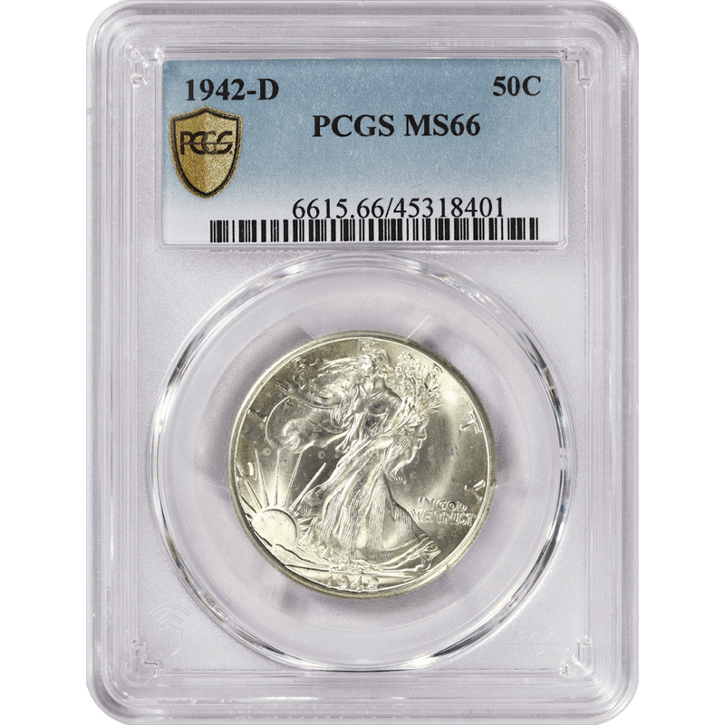 1942-D Walking Liberty Half Dollar 50c, PCGS MS 66 - Nice White Coin