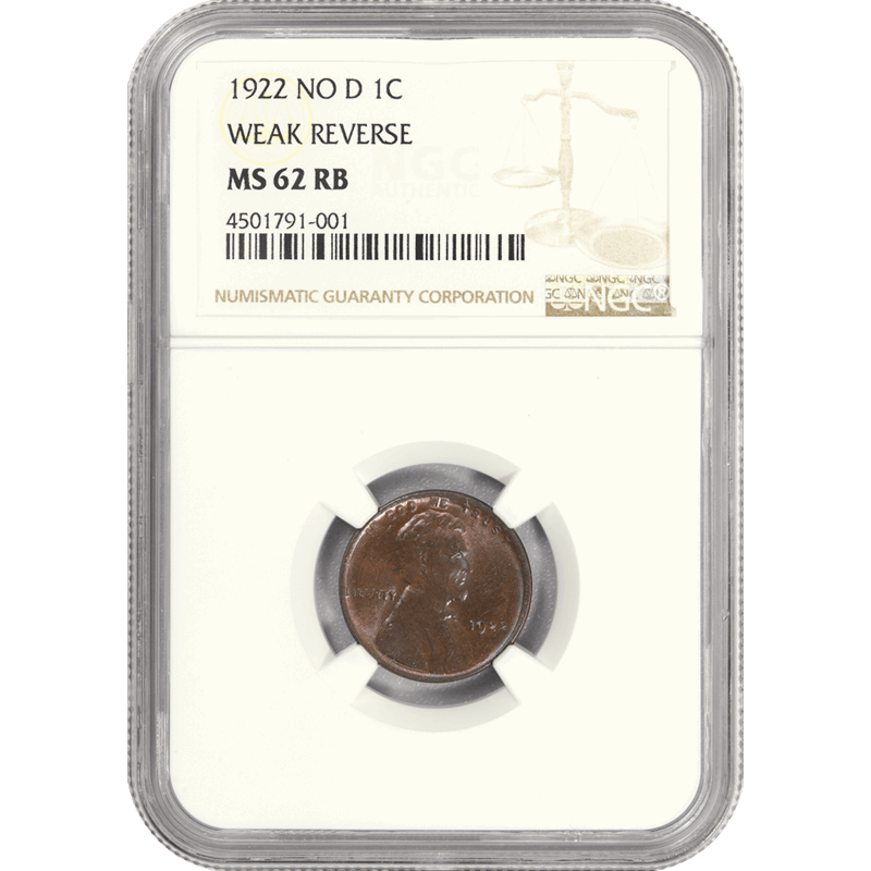 1922 No D Lincoln Cent 1c, NGC MS-62 RB -  Weak Reverse, Die Pair No. 3 