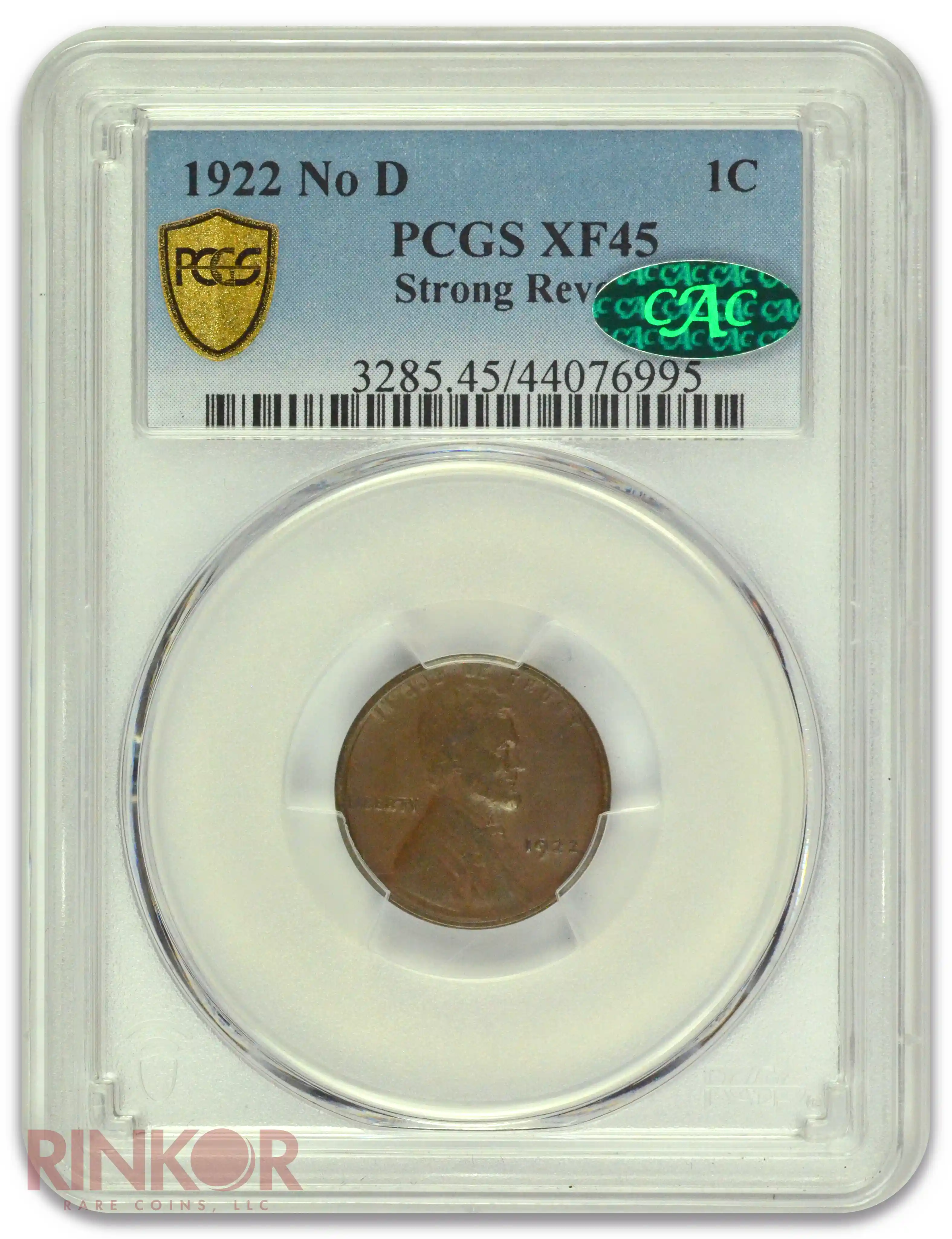1922 No D 1C Strong Reverse Lincoln Wheat Cent PCGS XF-45 CAC