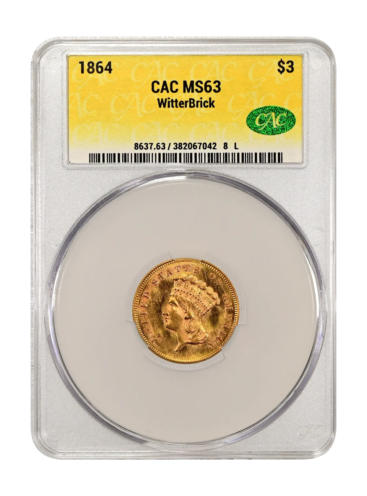 1864 $3 CACG MS 63 WitterBrick