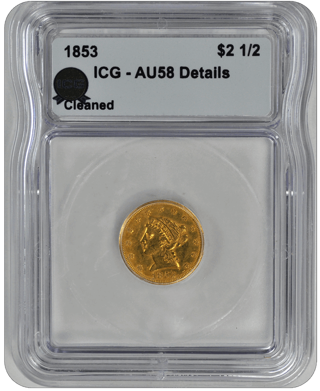 1853 	Gold $2 1/2 ICG AU 58