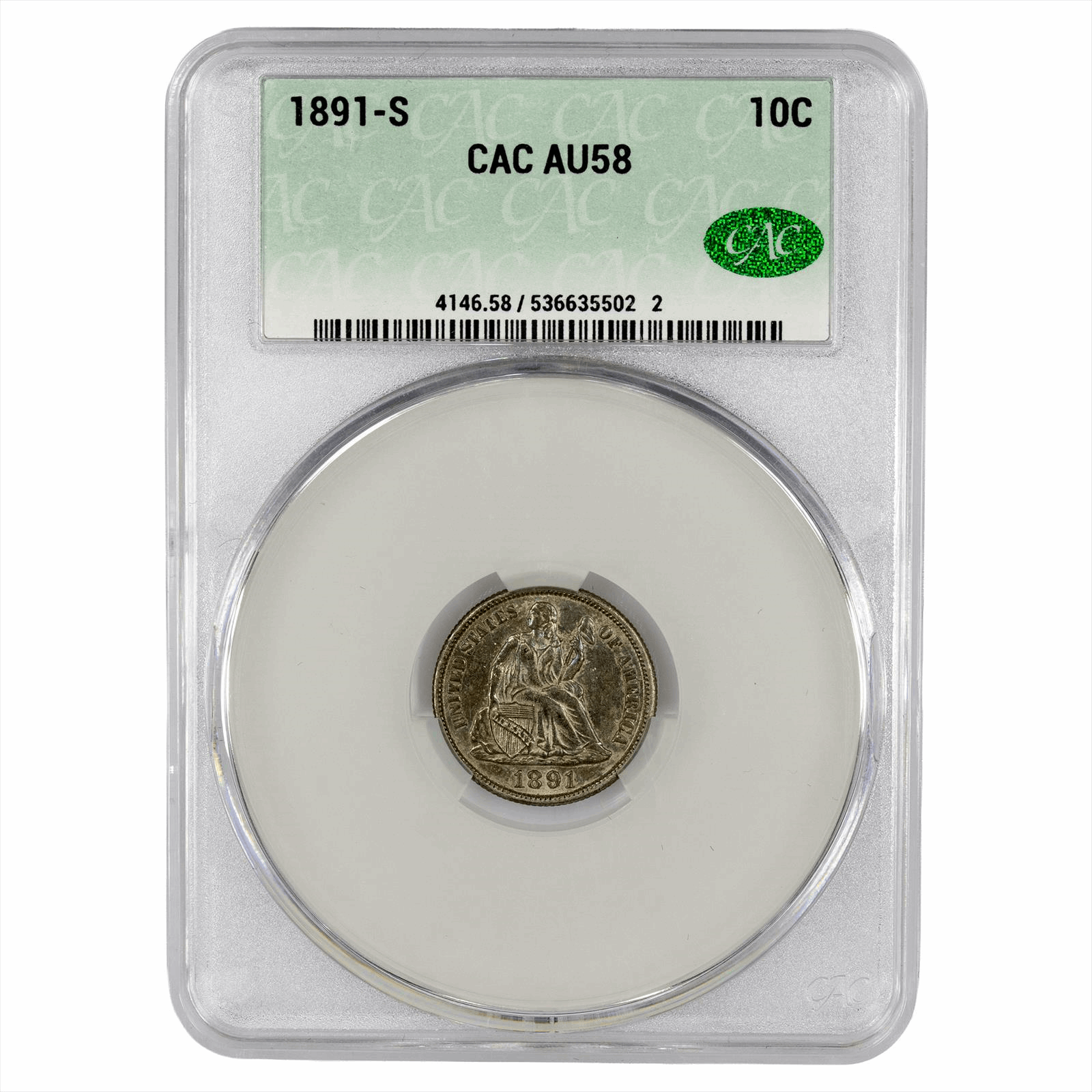 1891-S Seated Liberty Dime 10C CACG  AU 58