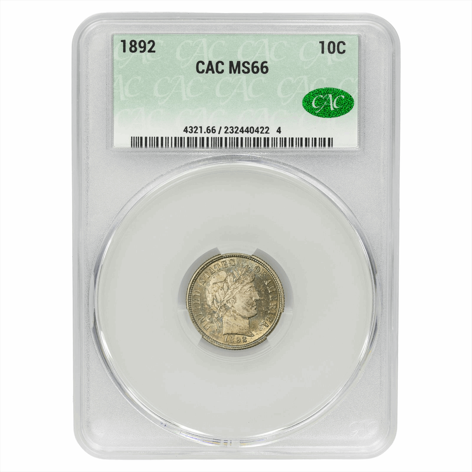 1892 Barber Dime 10C CACG MS 66 CAC
