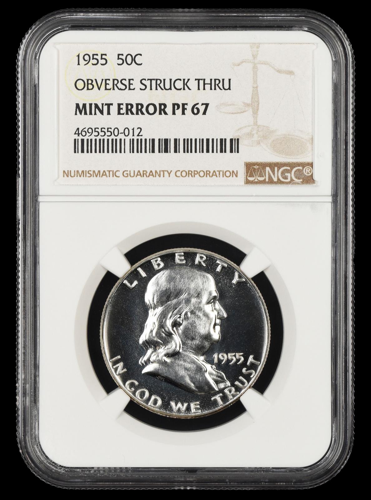 1955 50C Mint Error Obverse Struck Thru NGC PF67