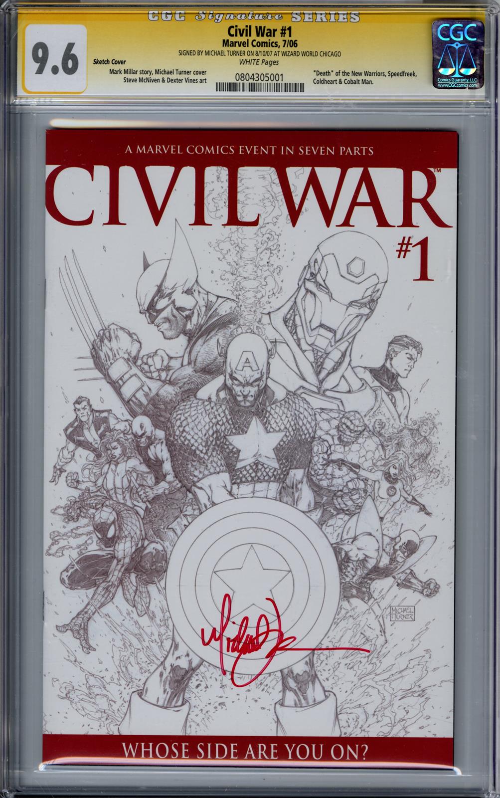 Civil War #1 CGC Signature Series 9.6 (Marvel, 2006) Signed by Michael Turner (Sketch Cover) 