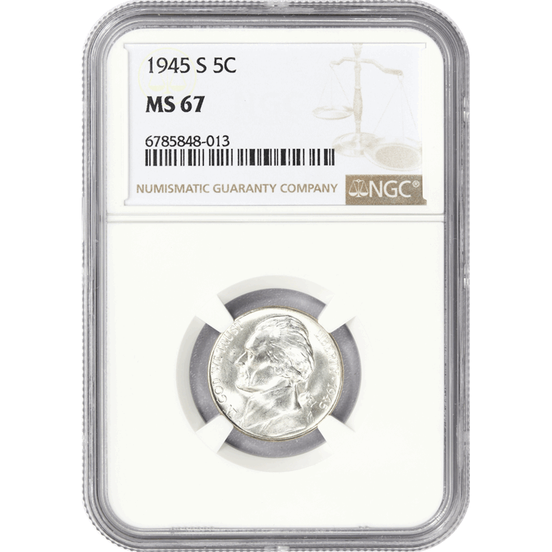 1945-S Jefferson War Nickel 5c, NGC MS 67 - Lustrous and White