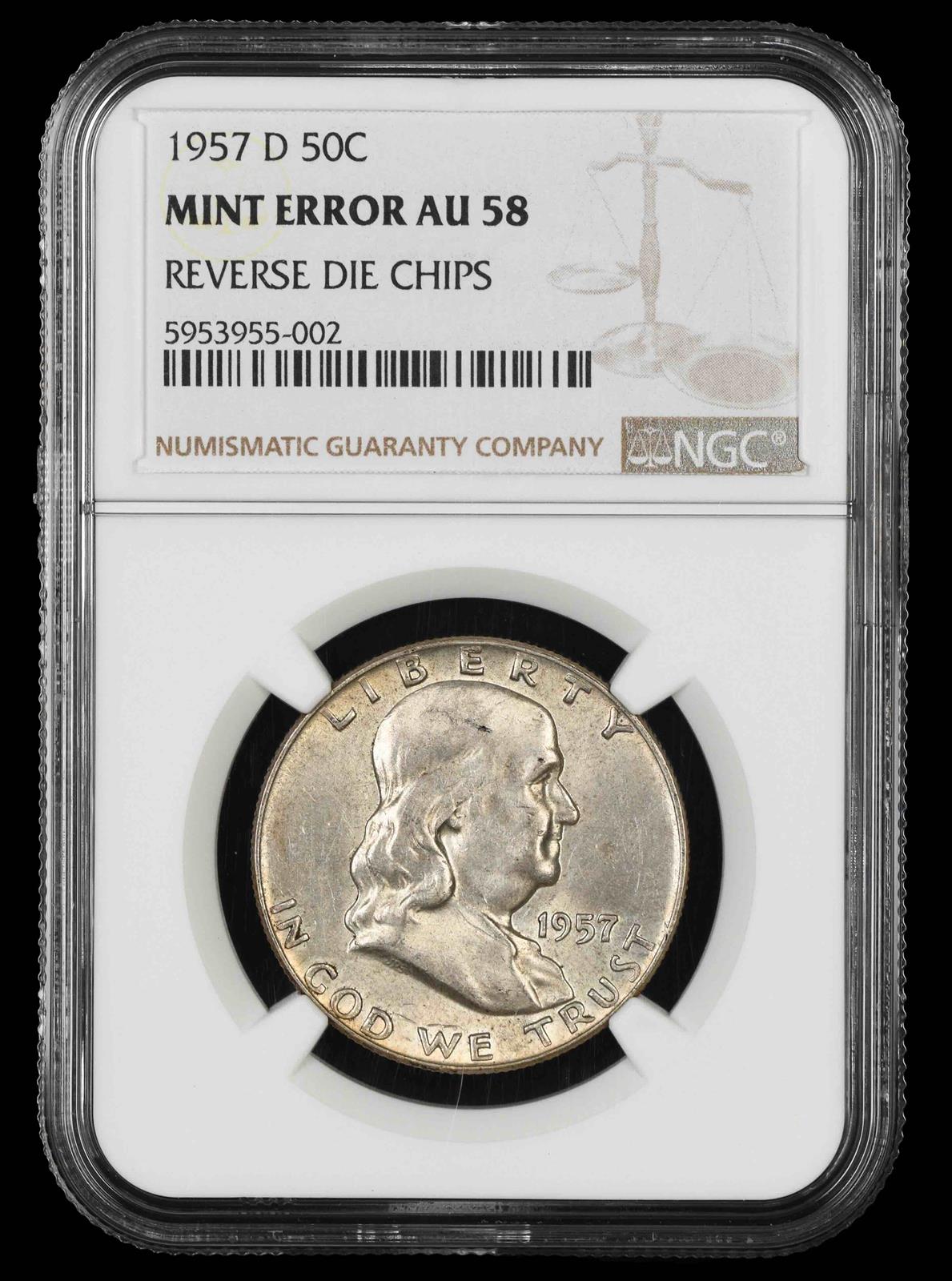 1957 D 50C NGC Mint Error Reverse Die Chips NGC AU58