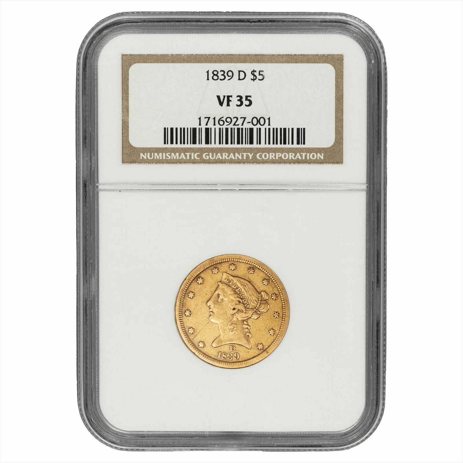 1839-D Liberty Head Gold Half Eagle $5 NGC VF 35
