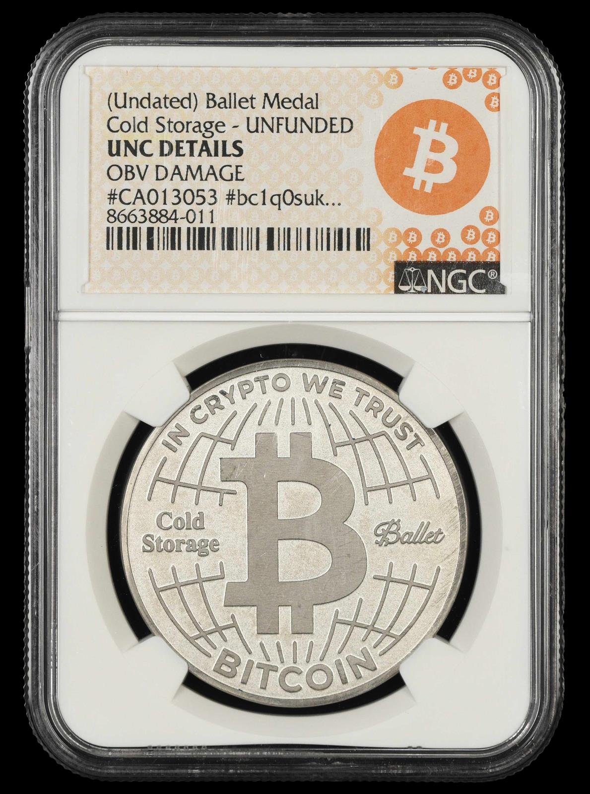 Undated Ballet Medal Cold Storage CA013053 Bitcoin NGC UNC Details Obv Damage