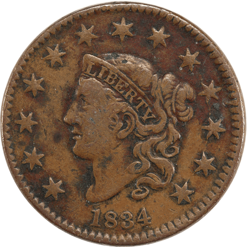 1834  Lg 8-Lg Stars-Lg Let Coronet Head Cent 1C VF